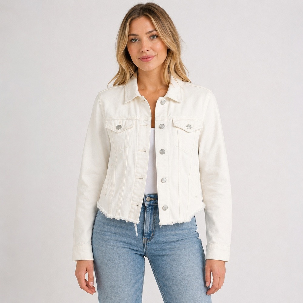 BlankNYC White‎ Cropped Denim Jacket Women's Small Raw Hem Trucker